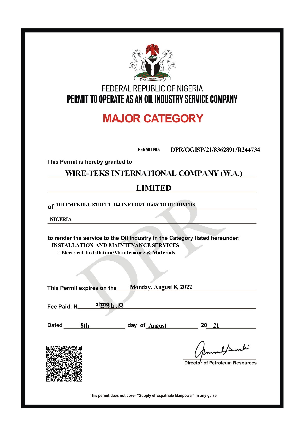 Permit Electrical Installation Wireteks Int’l Co. (W.A.) Ltd